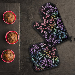 Ensemble De Gant De Cuisine Et De Manique Jolie fille Motif papillon noir Iridescente