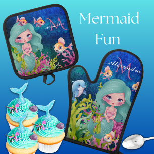 Ensemble De Gant De Cuisine Et De Manique Jolie Mermaid Aquarelle Monogrammée Turquoise Viol