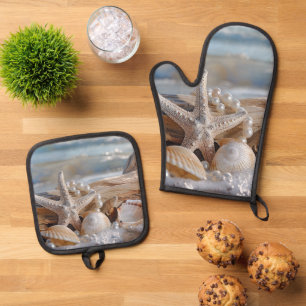 Ensemble De Gant De Cuisine Et De Manique Jolies coquillages Perles blanches Bois de chèfre