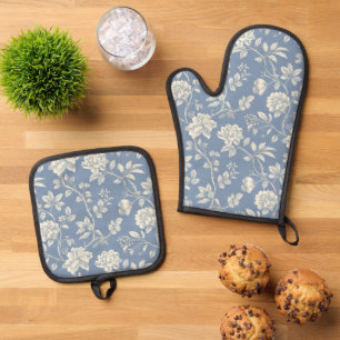 Ensemble De Gant De Cuisine Et De Manique Jolies Fleurs Bleues Crème Romantiques  