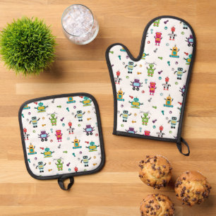 Ensemble De Gant De Cuisine Et De Manique Jolis Robots Multicolores Motif Robot Enfants