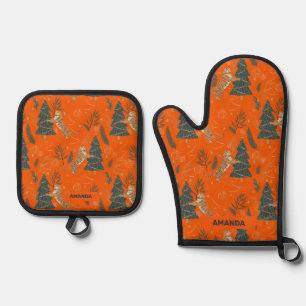 Ensemble De Gant De Cuisine Et De Manique Jolis sapins de Noël et motif de tigres