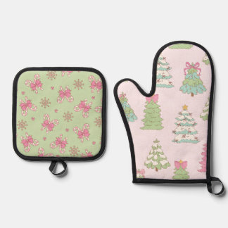 Ensemble De Gant De Cuisine Et De Manique Jolis sapins de Noël pastel et rubans