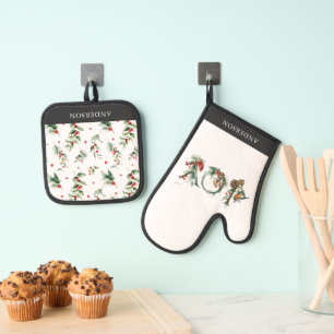 Ensemble De Gant De Cuisine Et De Manique JOY Pine Cone Red Berry Birds Vacances