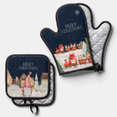 Ensemble De Gant De Cuisine Et De Manique Joyeux Noël mignon Gnomes Neige d'hiver (Recto/Verso)