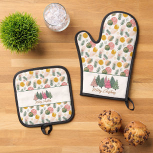 Ensemble De Gant De Cuisine Et De Manique Joyeux Noël Motif Rose Green Branches Balls