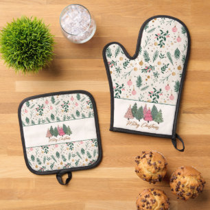 Ensemble De Gant De Cuisine Et De Manique Joyeux Noël Motif Rose Green Branches Balls