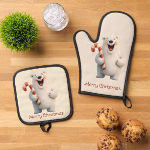 Ensemble De Gant De Cuisine Et De Manique Joyeux Noël Ourson Polaire Mignon Design