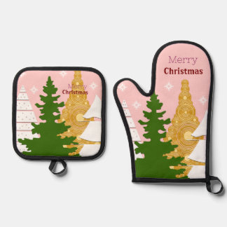 Ensemble De Gant De Cuisine Et De Manique Joyeux sapin rose