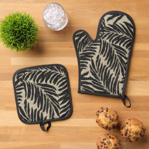 Ensemble De Gant De Cuisine Et De Manique Kahanu Palms Hawaiian Faux Linen Texture noir