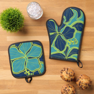 Ensemble De Gant De Cuisine Et De Manique Kailua Hibiscus Hawaiian Floral Turquoise Navy