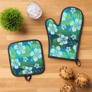 Ensemble De Gant De Cuisine Et De Manique Kalani Tie Dye Mélange Hibiscus Tropical Turquoise