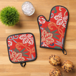 Ensemble De Gant De Cuisine Et De Manique Kimono japonais hawaïen rouge : Vintage floral