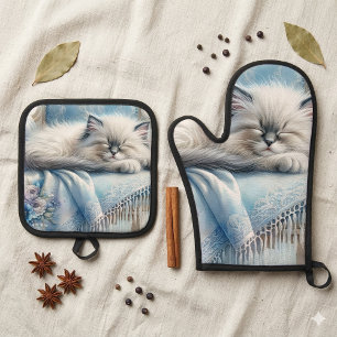 Ensemble De Gant De Cuisine Et De Manique Kitten Endormi Rêve Campagnard Bleu Cottagecore