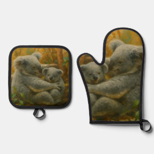 Ensemble De Gant De Cuisine Et De Manique Koala Mother et Joey dans la canopée d'automne