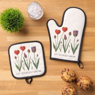 Ensemble De Gant De Cuisine Et De Manique Laissez-vous grandir Art floral aux tulipes en for