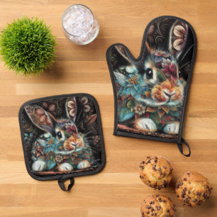 Ensemble De Gant De Cuisine Et De Manique Lapin lapin lapin lunaire floral Abstrait noir Tur