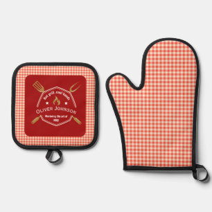 Ensemble De Gant De Cuisine Et De Manique L'Art Du Motif Rouge BBQ