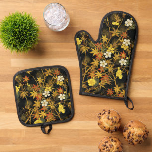 Ensemble De Gant De Cuisine Et De Manique L'automne japonais laisse l'art classique antique