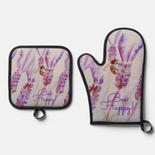 Ensemble De Gant De Cuisine Et De Manique Lavande Bee Happy Herb Aquarelle Flower