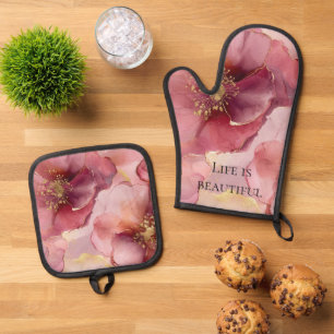 Ensemble De Gant De Cuisine Et De Manique Lavande Rose Bourgogne Floral Fête de Mariage Doré