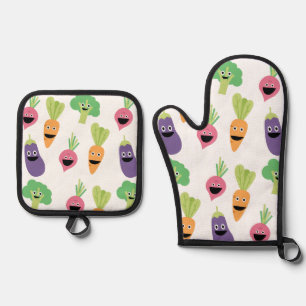 Ensemble De Gant De Cuisine Et De Manique Légumes de dessin animé heureux