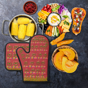Ensemble De Gant De Cuisine Et De Manique Légumineuses et tournesols rouges
