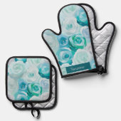 Ensemble De Gant De Cuisine Et De Manique Les Roses en bleu (Recto/Verso)