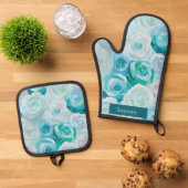 Ensemble De Gant De Cuisine Et De Manique Les Roses en bleu (De haut en bas)