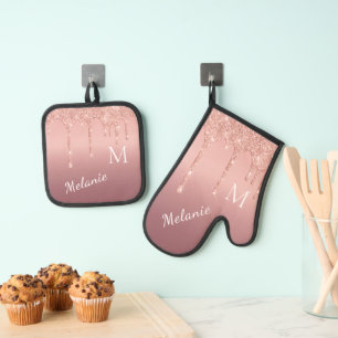 Ensemble De Gant De Cuisine Et De Manique Lettre de nom personnalisée rose Gold Parties scin