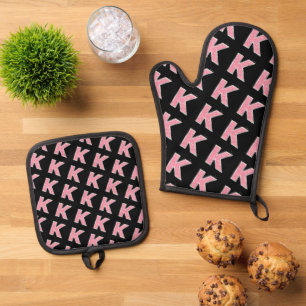 Ensemble De Gant De Cuisine Et De Manique Lettre de Parties scintillant rose noire K