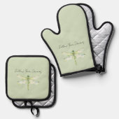 Ensemble De Gant De Cuisine Et De Manique Libellule Vert Citron (Recto/Verso)