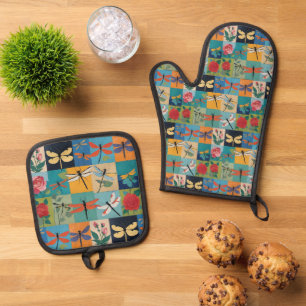 Ensemble De Gant De Cuisine Et De Manique Libellules Colorées Et Roses Patchwork