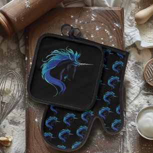 Ensemble De Gant De Cuisine Et De Manique Licorne noire élégante Fantaisie Magique Bleu Arge