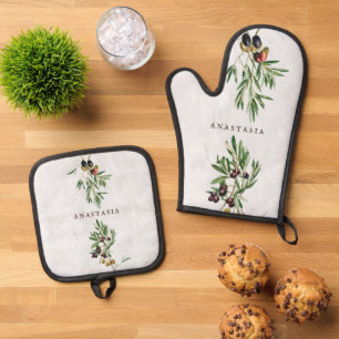 Ensemble De Gant De Cuisine Et De Manique L'île méditerranéenne grecque Feuille d'olive