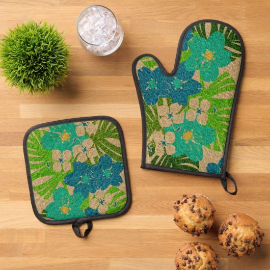 Ensemble De Gant De Cuisine Et De Manique Limahuli Garden Hawaiian Faux Texture Turq (De haut en bas)