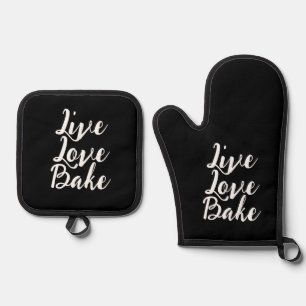 Ensemble De Gant De Cuisine Et De Manique Live Love Bake Funny Black White Modern Script
