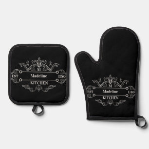 Ensemble De Gant De Cuisine Et De Manique Logo initial Vintage noir et blanc