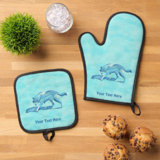 Ensemble De Gant De Cuisine Et De Manique Loup Bleu Sur Neige