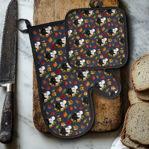 Ensemble De Gant De Cuisine Et De Manique Loups Blancs Noirs Clair de Lune Feuilles d'Automn