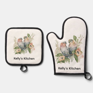 Ensemble De Gant De Cuisine Et De Manique Lovebirds in Pastel Watercolors