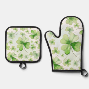 Ensemble De Gant De Cuisine Et De Manique Lucky Watercolor Trèfle à Quatre Feuilles Maman Pa