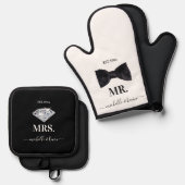 Ensemble De Gant De Cuisine Et De Manique M. et Mme Mariage Noir & Blanc (Recto/Verso)
