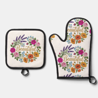 Ensemble De Gant De Cuisine Et De Manique Magnifique bouquet de fleurs