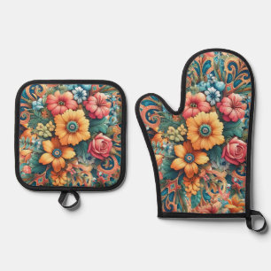 Ensemble De Gant De Cuisine Et De Manique Magnifique bouquet de fleurs