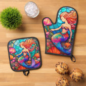 Ensemble De Gant De Cuisine Et De Manique Magnifique sirène vitrail art puzzle (De haut en bas)