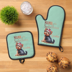 Ensemble De Gant De Cuisine Et De Manique Mama d'un rose éclaté Yorkie Aquarelle Art