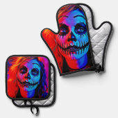 Ensemble De Gant De Cuisine Et De Manique Maquillage d'Halloween (Recto/Verso)