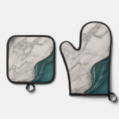 Ensemble De Gant De Cuisine Et De Manique Marbre gris Turquoise moderne (Recto)