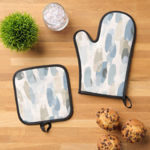 Ensemble De Gant De Cuisine Et De Manique Mariage Abstrait Crème Blanc Bleu